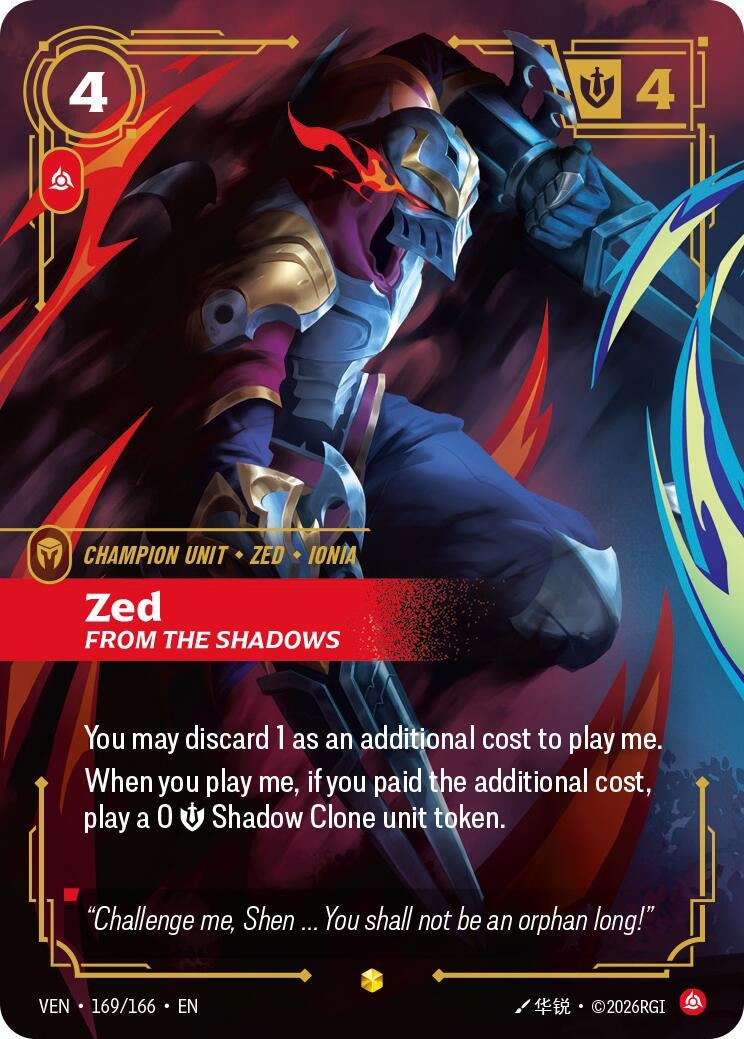 Image for Zed - From the Shadows (Overnumbered) (169/166) (VEN) - Riftbound: League of Legends Trading Card Game