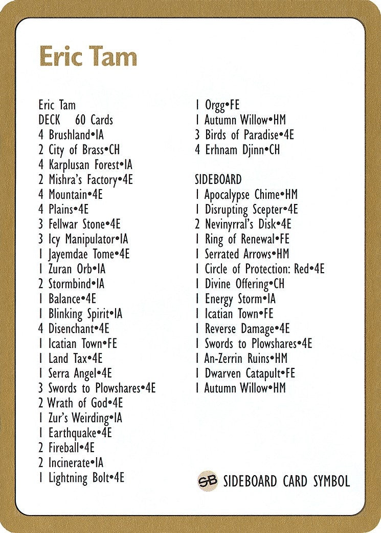 1996 Eric Tam Decklist Card [World Championship Decks]