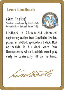 1996 Leon Lindback Biography Card [World Championship Decks]