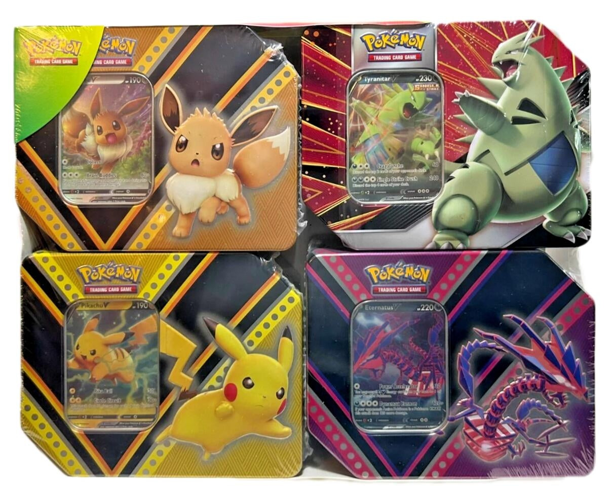 Image for Costco Exclusive 4-Tin Bundle: V Powers Tin [Set of 3] + V Strikers [Tyranitar] - Pokemon