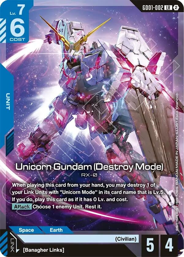 Image for Unicorn Gundam (Destroy Mode) (GD01-002) (SC01) - Gundam Card Game